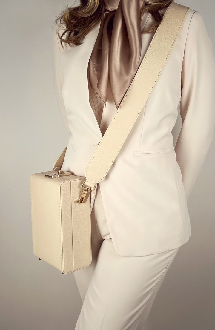 La Mallette Boxy Structured Leather Satchel Handbag by Les Mallettes - Luxury Crossbody Bag with Top Handle - Ecru Beige