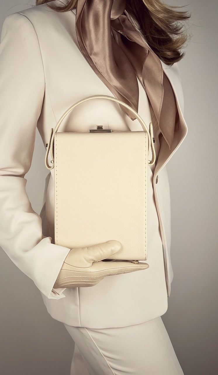 La Mallette Boxy Structured Leather Satchel Handbag by Les Mallettes - Luxury Crossbody Bag with Top Handle - Ecru Beige