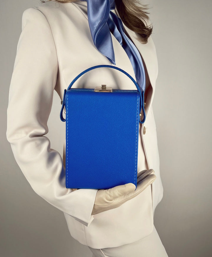 La Mallette Boxy Structured Leather Satchel Handbag by Les Mallettes - Luxury Crossbody Bag with Top Handle - Lapis Blue