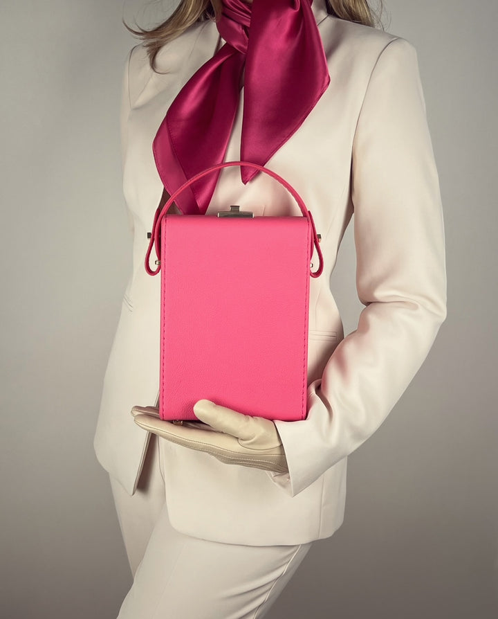 La Mallette Boxy Structured Leather Satchel Handbag by Les Mallettes - Luxury Crossbody Bag with Top Handle - Rose