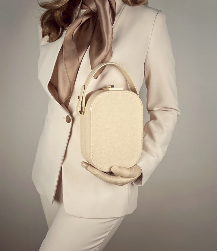 Le Paquet Structured Leather Satchel Handbag by Les Mallettes - Luxury Crossbody Bag with Top Handle - Ecru Beige