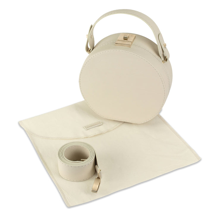 Le Chapeaux Round Structured Leather Satchel Handbag by Les Mallettes - Luxury Crossbody Bag with Top Handle - Ecru Beige