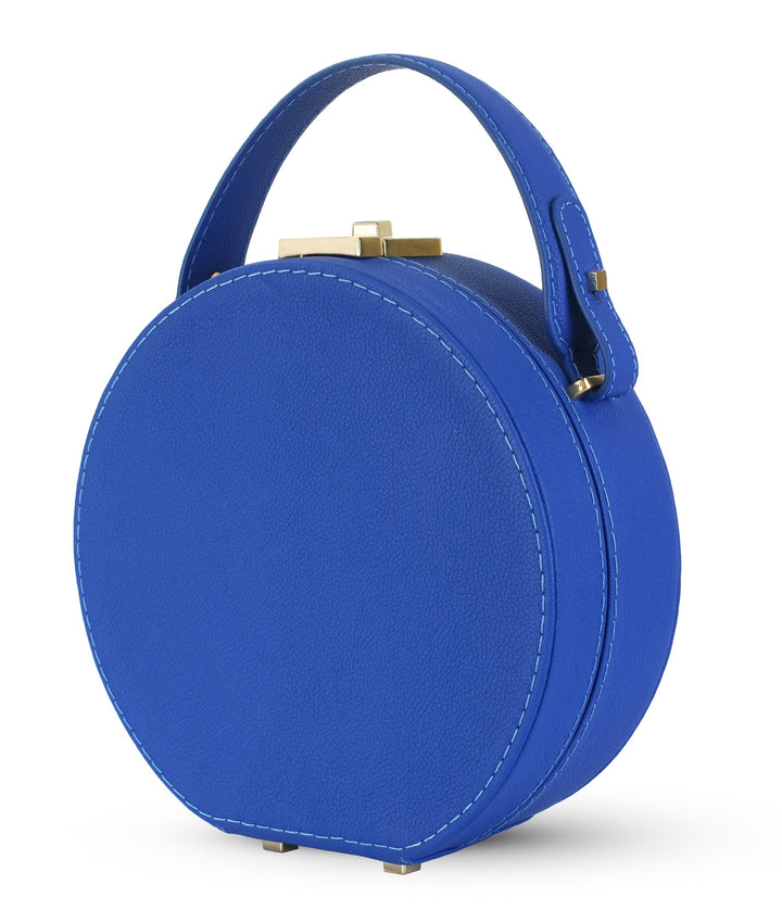 Le Chapeaux Round Structured Leather Satchel Handbag by Les Mallettes - Luxury Crossbody Bag with Top Handle - Lapis Blue