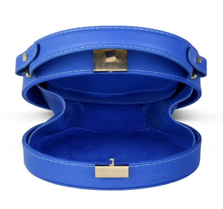 Le Chapeaux Round Structured Leather Satchel Handbag Interior by Les Mallettes - Luxury Micro Suede Lining - Pocket with Magnetic Snap Closure - Lapis Blue
