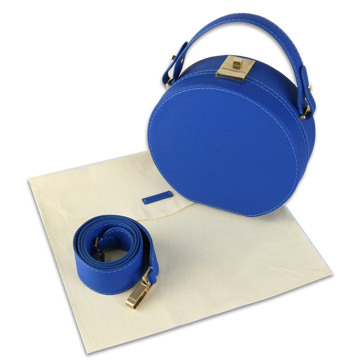 Le Chapeaux Round Structured Leather Satchel Handbag by Les Mallettes - Luxury Crossbody Bag with Top Handle - Lapis Blue
