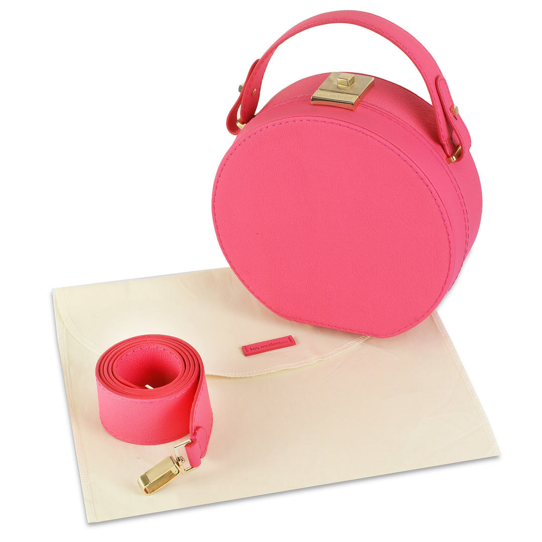 Le Chapeaux Round Structured Leather Satchel Handbag by Les Mallettes - Luxury Crossbody Bag with Top Handle - Rose